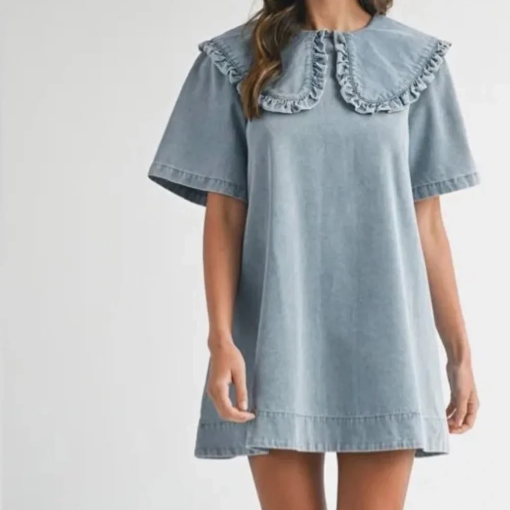 Amable by Mable Peter Pan collared light Wash denim mini dress shirt sleeve Sz S - Picture 3 of 15